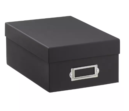 black photo storage box with label